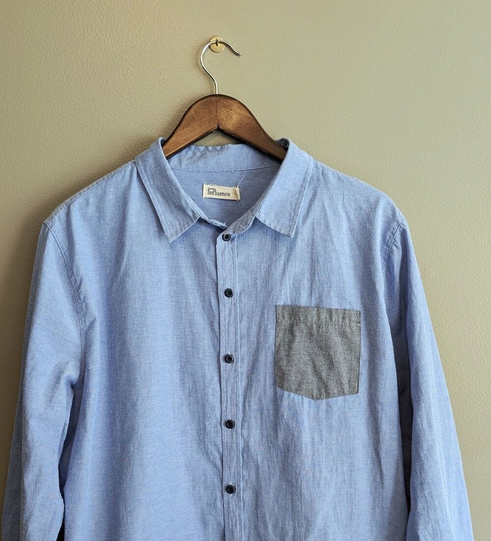 Another Influence Mens Large L Blue Denim Dress Shirt Gray Pocket Long Sleeve